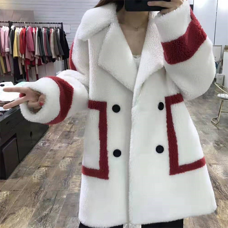 2019 Autumn and winter Sheep velvet Mid length version Hit color overcoat grain Fur one Double-breasted coat Lapelin the Women's clothing/Boutique , Woolen jacket category - from Buy2taobao.com to provide professional Taobao agent buy service