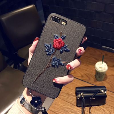 刺绣花苹果7plus手机壳挂绳iPhone6sp保护套女款ins防摔i8冷壳ix