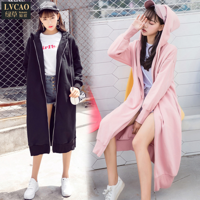 秋冬带帽纯色拉链加绒女生卫衣开衫宽松女中长款韩版学生过膝外套