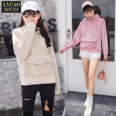 秋冬学院风带帽韩版金丝绒加绒加厚袋鼠兜宽松卫衣女街拍上衣潮款