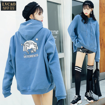 2018秋冬戴帽韩版前后印花袋鼠兜加绒加厚松松垮垮卫衣女学院上衣