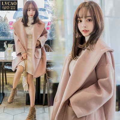 大翻领刺绣甜美宽松厚外套女春秋加厚韩版呢子大衣中长款秋冬款潮