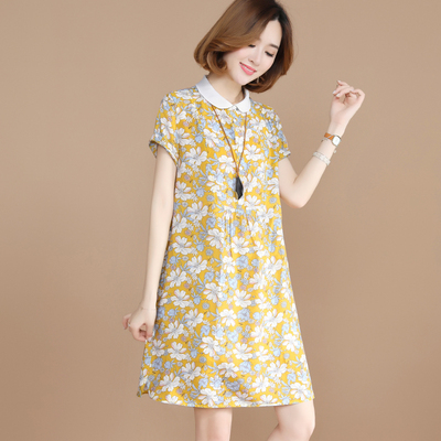 九月陌墨 2018夏季新款女装娃娃领宽松短袖连衣裙女 中长款A字裙