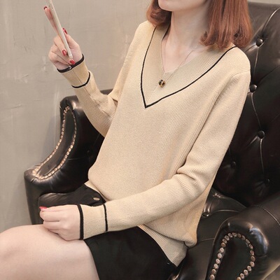 春秋季新品针织衫毛衣女套头短款长袖打底衫宽松针织外搭上衣