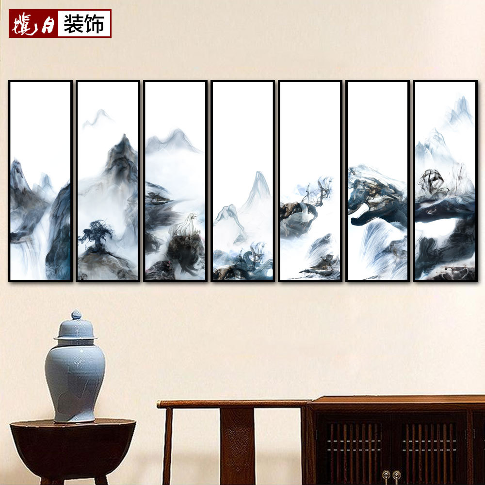 新中式山水抽象大堂背景壁画抽象水墨背景墙装饰画七联幅走廊挂画|ruв категории Домашний быт, декоративная живопись, современные декоративные картины - от Buy2taobao.com для оказания профессиональной услуги покупки агента Taobao