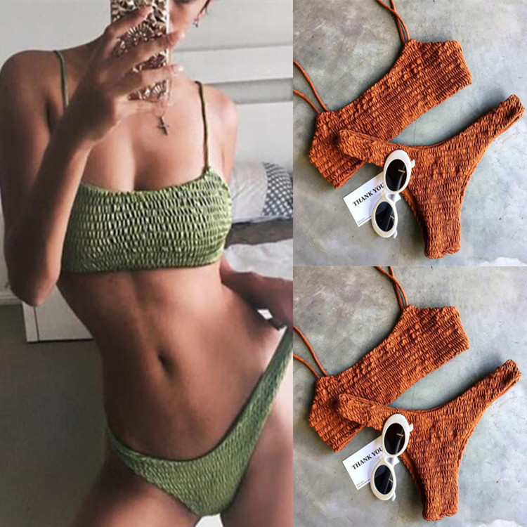 2017 Europe and America fashion elastic Solid fold Shoulder belt Bikini Swimming suit orange green Bikiniin the Sports/Yoga/Fitness/Fans supplies , Swim , Bikini category - from Buy2taobao.com to provide professional Taobao agent buy service