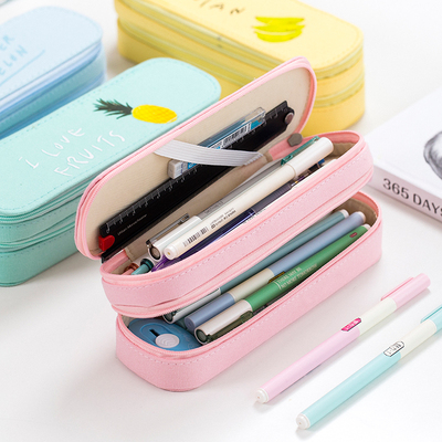 水果大容量帆布双层笔袋韩国简约中小学生可爱卡通创意多功能双拉链铅笔盒男女孩文具盒儿童小清新文具铅笔袋
