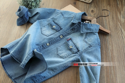 男女童牛仔衬衫2018春秋新款儿童纯棉弹力满印长袖衬衣中大童上衣
