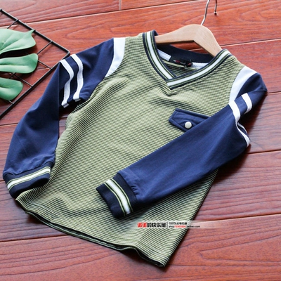 品牌童装2018秋季新款男童V字领长袖卫衣儿童T恤中大童条纹上衣潮