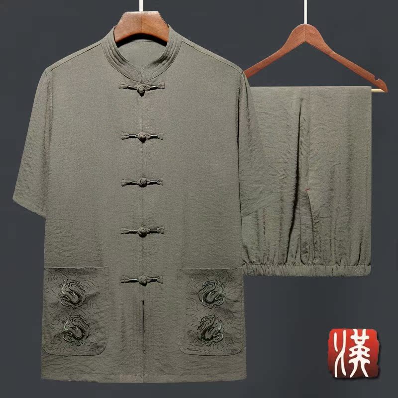 夏季中老年棉麻唐装男士短袖亚麻套装中式汉服中国风爸爸装居士服在类目 男装, 民族服装中 - 来自Buy2taobao.com提供专业的淘宝代购服务