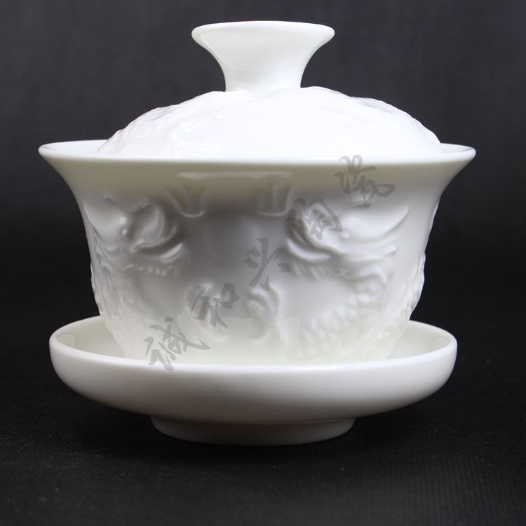 Jade Porcelain White Covered Bowl relief Cover bowl Kungfu Online tea set Porcelain Dragon pattern Cover bowl Three talents Tea Preparation Teacup teacupin the Tableware , Tea set , Tureen category - from Buy2taobao.com to provide professional Taobao agent buy service