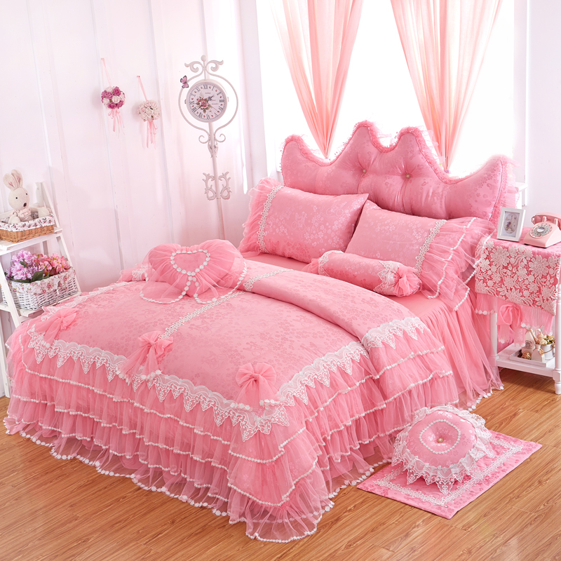 New products Korean Edition Lace Princess Bedspread Skirt Satin jacquard Quilt cover sheet pure cotton Four piece suit Wedding celebrationin the Bedclothes , Bedding Sets/Family of four/Multiple sets of category - from Buy2taobao.com to provide professional Taobao agent buy service