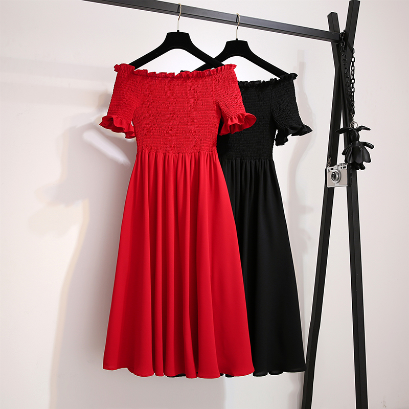 Real shot Add fertilizer Large mm Summer wear Fat sister Western style Belly Off Shoulder Dress By agein the Women's clothing/Boutique , Large size women category - from Buy2taobao.com to provide professional Taobao agent buy service