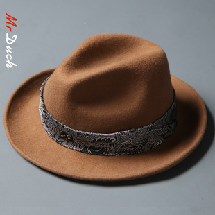 mrduck时尚英式礼帽男女纯羊毛呢，帽子秋冬卷边毡帽英伦绅士爵士帽