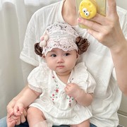 婴儿帽子夏季薄款甜美洋气公主小月龄，女宝宝蕾丝，假发发带护囟门帽