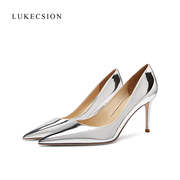 lukecsion真皮镜面漆皮，银色高跟鞋女超，浅口尖头细跟舒适性感单鞋