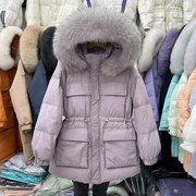 韩国白鸭绒(白鸭绒)收腰加厚紫色，羽绒服女中长款小个子，大毛领连帽工装外套