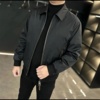 春季时尚男士配皮口袋翻领，黑色夹克外套商务，休闲纯色男装3210