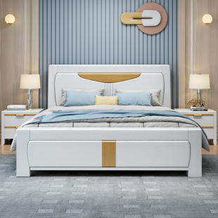 销全实木床主卧1.8米橡木双人床现代简约压纹高箱床1.5储物婚床白