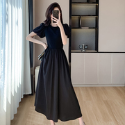 赫本风黑色高级感气质连衣裙女夏季小个子泡泡袖长裙高腰茶歇裙子