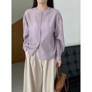 早春纯色圆领单排扣衬衫法式复古高级感显白紫色(白紫色，)衬衣2388强明女装