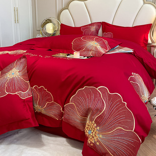 新中式140支全棉刺绣，结婚四件套大红色床单被套，高端婚庆床上用品4
