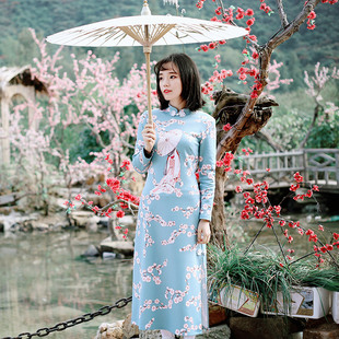 Fukcup浮夸独家设计 樱花树下长款长袖原创日常改良旗袍式连衣裙