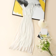白色无袖中长款连衣裙女夏季高端100%桑蚕丝仙女，沙滩裙订珠长裙