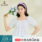 eland衣恋温柔淑女风短袖衬衫，女木耳花边，短款白色上衣夏季