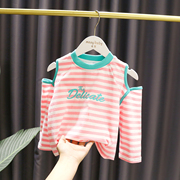 1-5岁女宝宝条纹纯棉t恤打底衫女婴儿童秋装，女童洋气露肩韩版上衣