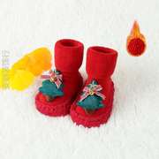 .鞋袜防滑婴儿宝宝红色鞋袜，冬高筒加厚地板，鞋子毛圈周岁红色婴儿