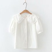2023日系蕾丝娃娃领短袖jk漂亮白衬衫女夏薄款泡泡袖韩系上衣