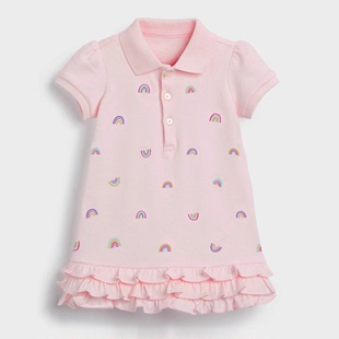 女童夏季装短袖连衣裙粉红色，木耳边花苞裙，儿童宝宝纯棉polo衫裙子