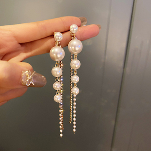 925银针镶钻珍珠流苏耳环，女欧美个性长款耳坠，网红时尚气质耳饰
