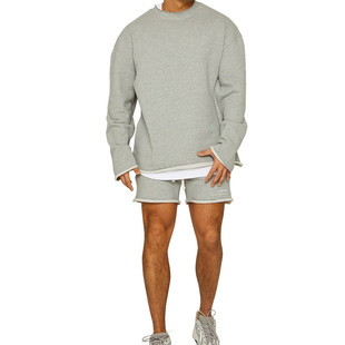 美式短裤长袖篮球运动套装重磅，纯棉毛圈休闲男生锻炼灰色两件套