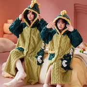 恐龙珊瑚绒母女长款睡袍亲子装睡衣秋冬季法兰绒女孩大中童家居服