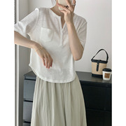 韩系半开领螺纹短袖t2023夏季简约洋气修身显瘦纯色t恤上衣女