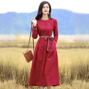 亚麻圆领中长款红色连衣裙，秋季长袖纯色旅拍休闲系带显瘦a字长裙