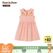 pawinpaw卡通小熊童装2024年夏季女童翻领格纹无袖连衣裙