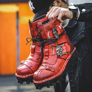 马丁靴男潮鞋红色高帮蒸汽朋克，皮靴机车美式作战靴真皮厚底工装靴