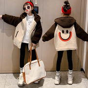 韩国女童冬装中大童夹棉加厚笑脸，毛毛衣(毛，毛衣)女孩休闲网红时髦炸街外套
