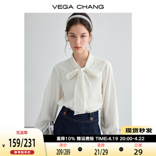 vegachang白衬衫女2024年春季优雅提花蕾丝，飘带蝴蝶结衬衫