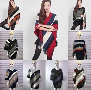 韩版女装流苏套头j中长款针织斗篷女2021冬季时尚披肩条纹毛衣外