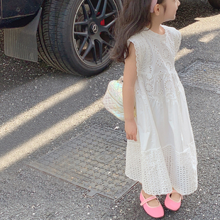 女童夏装连衣裙2024儿童，蕾丝白色夏季裙子，大童洋气无袖公主裙