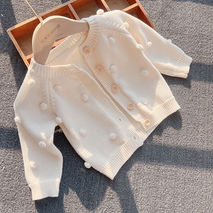ins韩版婴儿外套手工毛球针织开衫，女宝宝毛衣，纯棉棉纱线洋气外搭