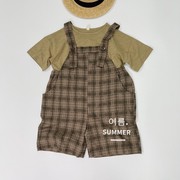 韩版儿童复古格子工装背带，短裤夏季纯棉男女，宝宝连身裤森系