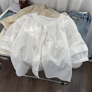 韩系温柔风宽松娃娃衫纯棉衬衫，女夏季蕾丝，泡泡袖短款圆领半袖上衣