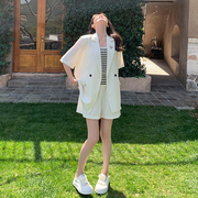 木夕儿家高级设计感两件套潮，白色薄款短袖小西装套装外套女夏装