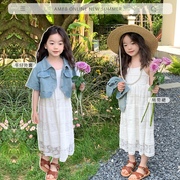 女童夏季裙套装连衣裙韩版短款软牛仔外套蕾丝吊带裙两件套