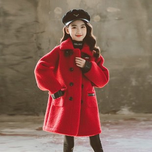 女童羊羔绒外套加厚2023洋气中长款秋冬红色本命年毛呢大衣